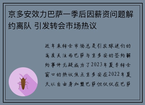 京多安效力巴萨一季后因薪资问题解约离队 引发转会市场热议
